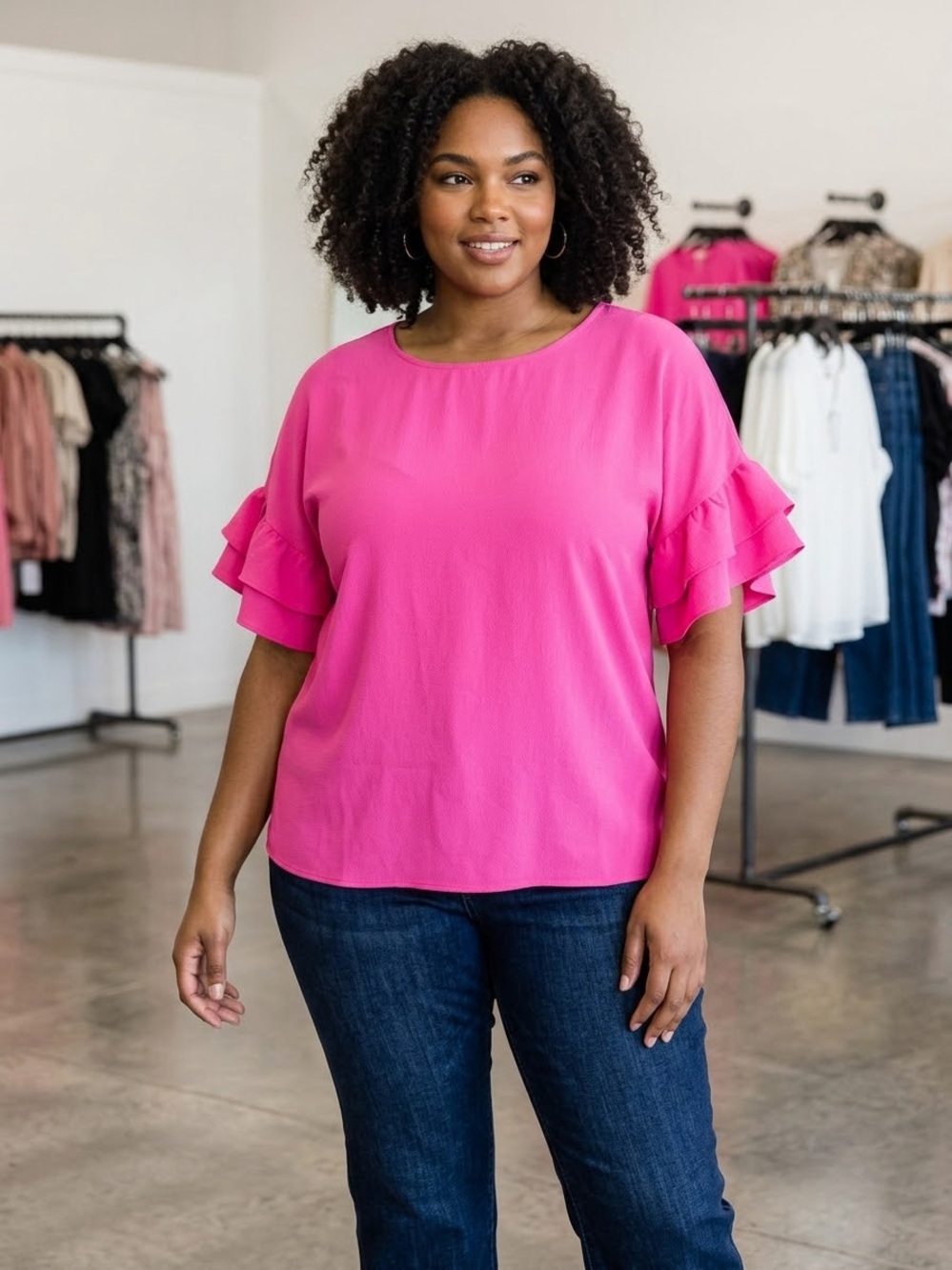 NWT Pleione Plus Ruffle-Sleeve Blouse in Bright Pink size xl